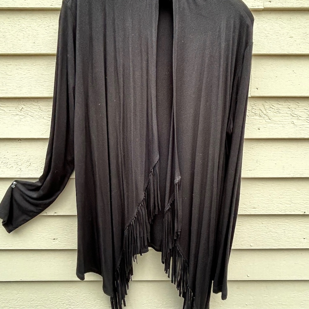 Karen Kane Black Cardigan with Fringe Detail on the asymmetrical hem. Size XL.
